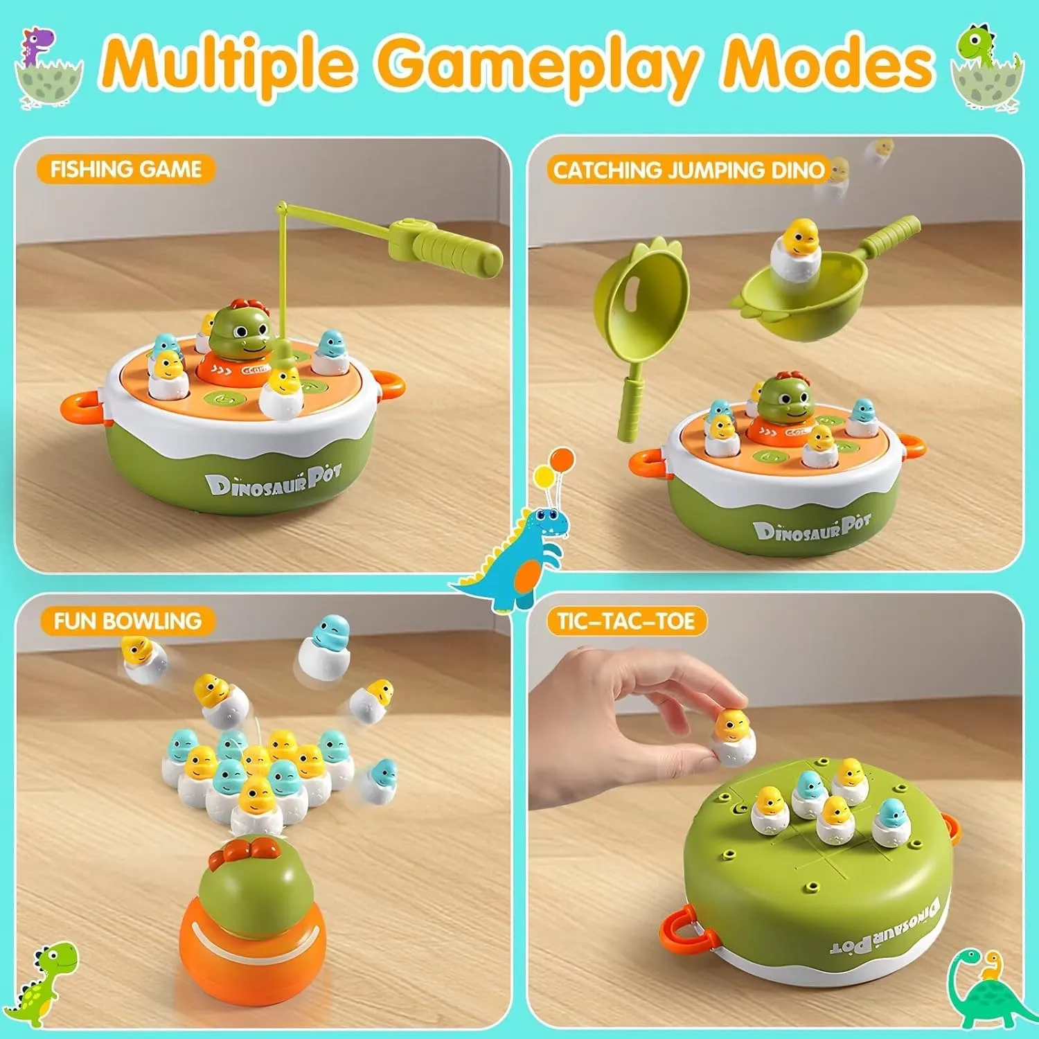 4 IN 1 Dinosaur Pop Up Board Games for Kids Magnetic Fishing Turntable Rotating Music Dino Car Tic-Tac-Toe Developmental Toys Boy Girl Birthday Gift Family Operation Games Toddlers 3-5 2-4-6 5-7 4-8
