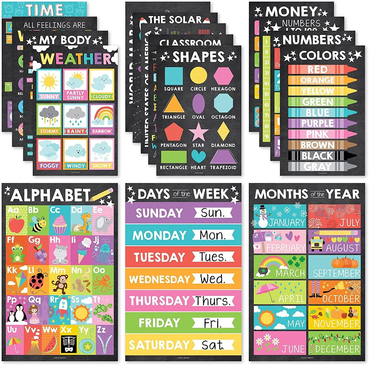 Colorful Chalk Educational Posters | Set of 16 | Classroom Supplies