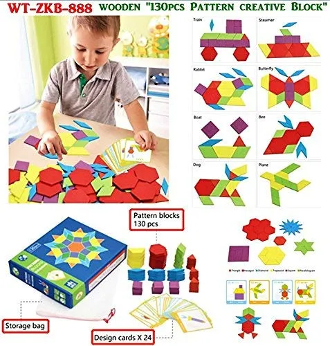 FunBlast Wooden Pattern Blocks Classic Educational Montessori Toys Tangrams Set for Kids with 130 Geometric Shape Pieces and 24 Design Cards