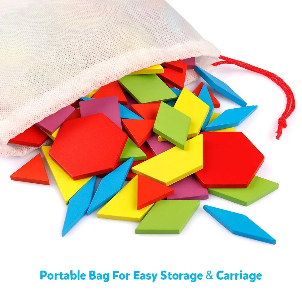 FunBlast Wooden Pattern Blocks Classic Educational Montessori Toys Tangrams Set for Kids with 130 Geometric Shape Pieces and 24 Design Cards