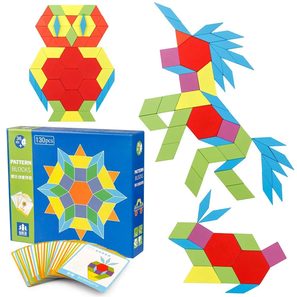 FunBlast Wooden Pattern Blocks Classic Educational Montessori Toys Tangrams Set for Kids with 130 Geometric Shape Pieces and 24 Design Cards