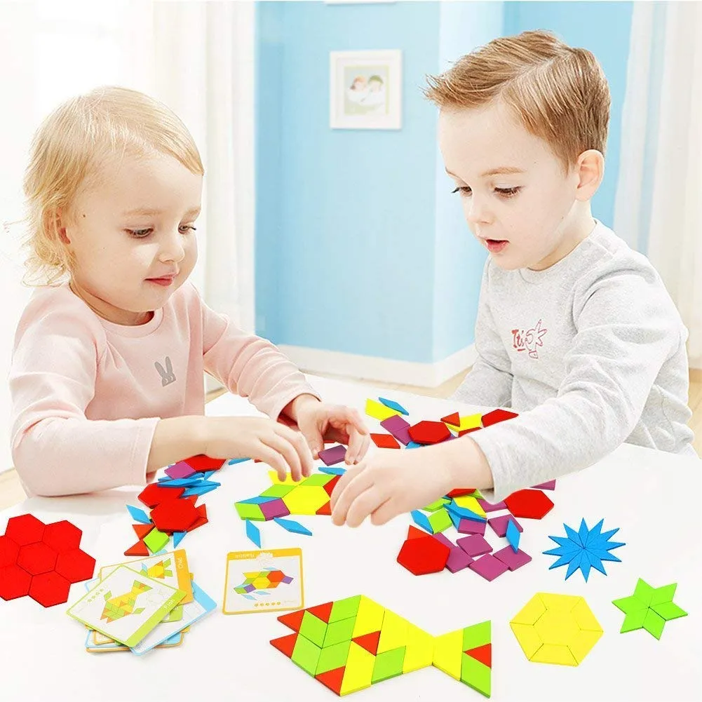 FunBlast Wooden Pattern Blocks Classic Educational Montessori Toys Tangrams Set for Kids with 130 Geometric Shape Pieces and 24 Design Cards