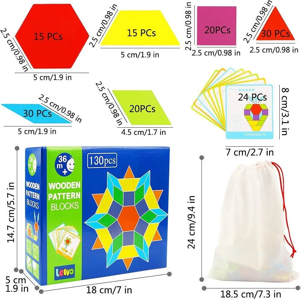 FunBlast Wooden Pattern Blocks Classic Educational Montessori Toys Tangrams Set for Kids with 130 Geometric Shape Pieces and 24 Design Cards