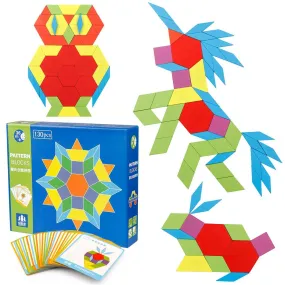 FunBlast Wooden Pattern Blocks Classic Educational Montessori Toys Tangrams Set for Kids with 130 Geometric Shape Pieces and 24 Design Cards