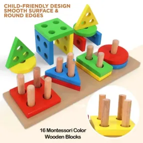 Lewo Wooden Puzzle Toddler Toys Shapes Sorter Preschool Geometric Blocks Stacking Games for Kids