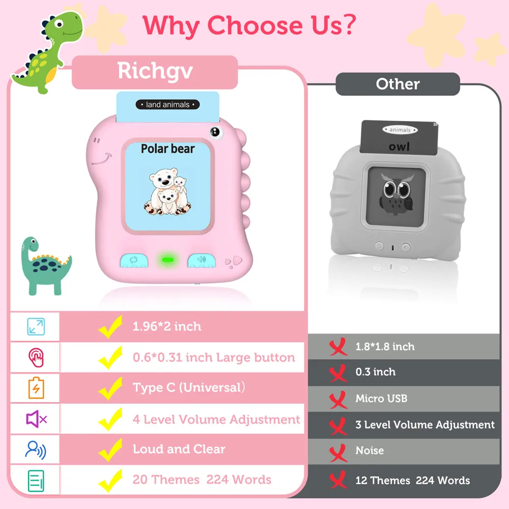 Talking Flash Cards Educational Games for Toddlers, Preschool Learning Toys for 2 3 4 5 6 Years Old Kids, Dinosaur Baby Toy for Boys Girls, Pink