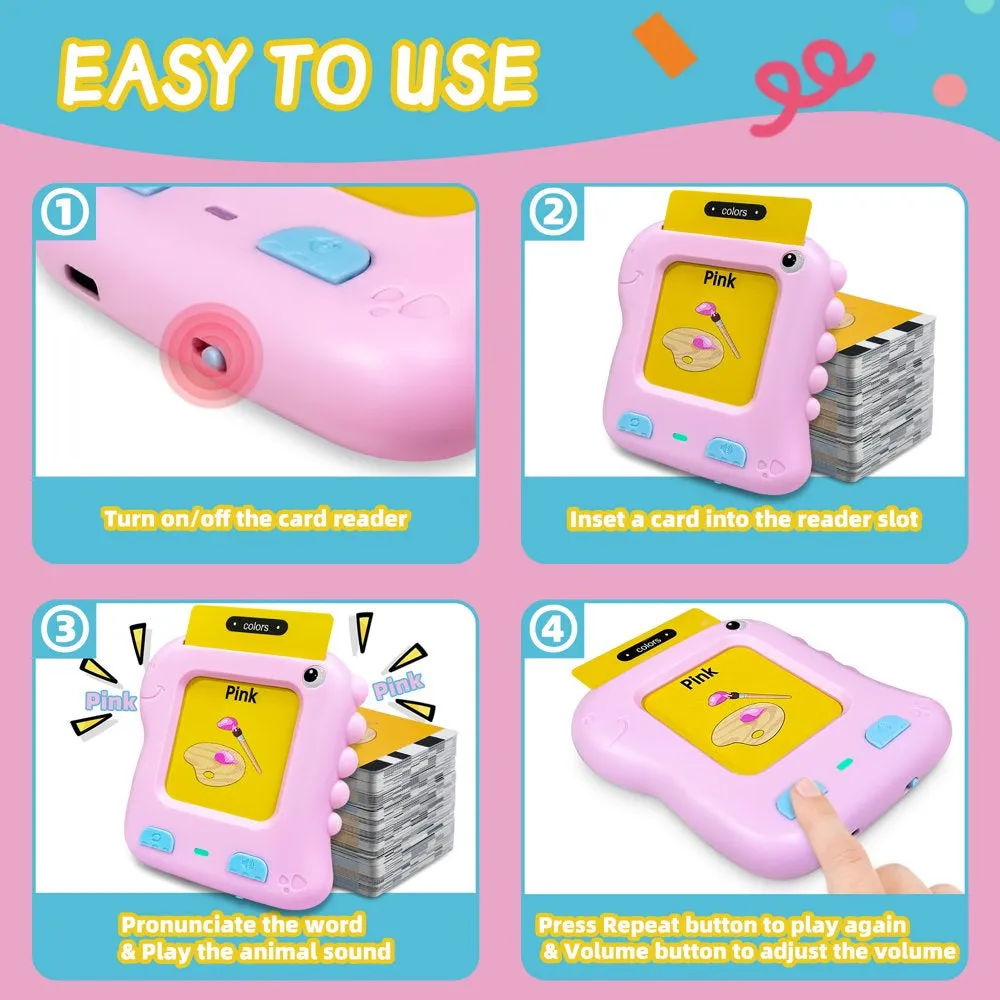 Talking Flash Cards Educational Games for Toddlers, Preschool Learning Toys for 2 3 4 5 6 Years Old Kids, Dinosaur Baby Toy for Boys Girls, Pink